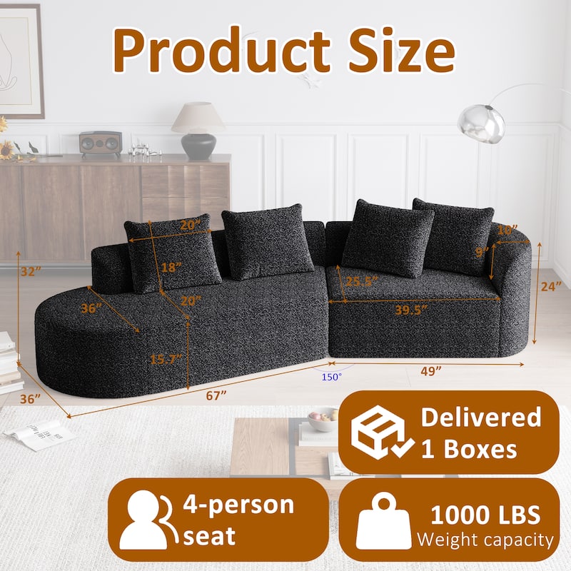 Chenille Upholstered Curved Sectional Sofa with Chaise and Pillows