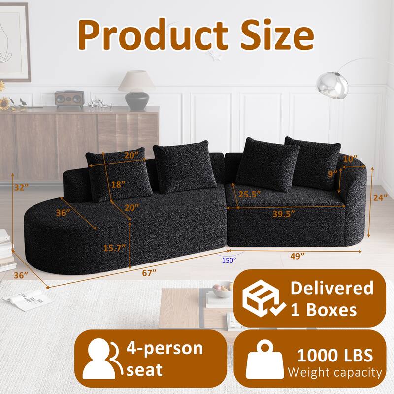 Modular Curved Sectional Sofa, Oversized Chenille Cloud Couch, Compressed Upholstered Sofa with 4 Throw Pillows - Black