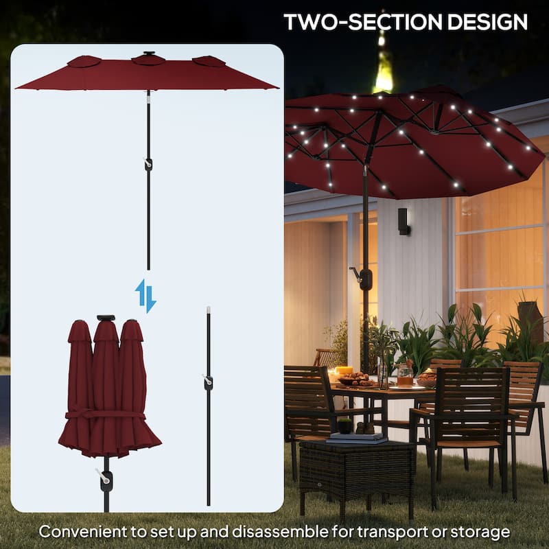 Double Sided Solar LED Patio Umbrella with 36 Lights Wine Red Outdoor Garden Poolside Shade Tilt Crank - Wine