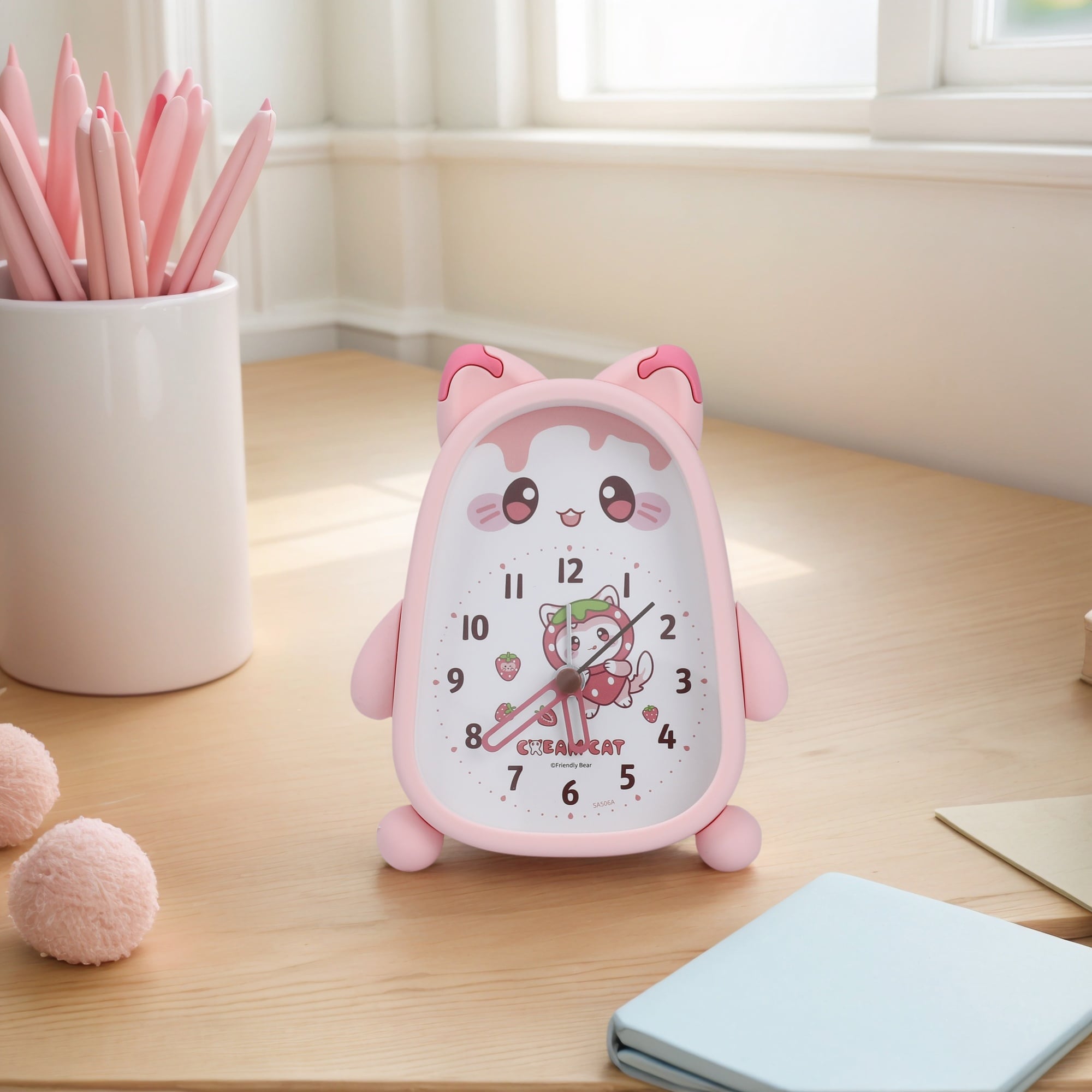 Lovely Alarm Clock, Non-Tick Movement, Kitten-Shape Design, Compact Size for Bedroom - 4.1"L x 1.6"W x 5.5"H