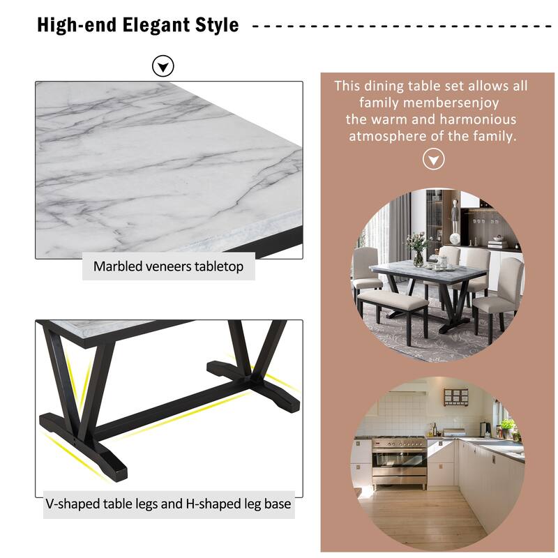 6-Piece Wooden Dining Table Set with Faux Marble Top, 4 Chairs & Bench