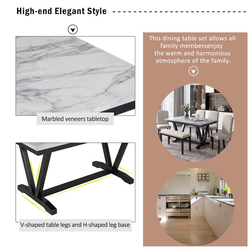 White Modern 6-Piece Wooden Dining Table Set with Faux Marble Top & 4 Chairs