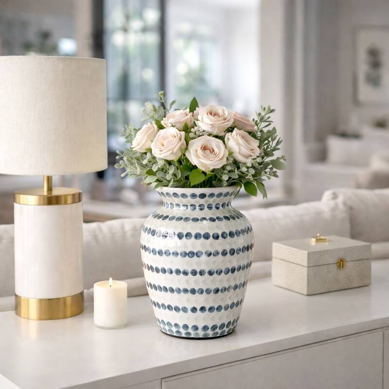Decorative Vase - Shell Coastal Capiz Dots - Ivory and Blue