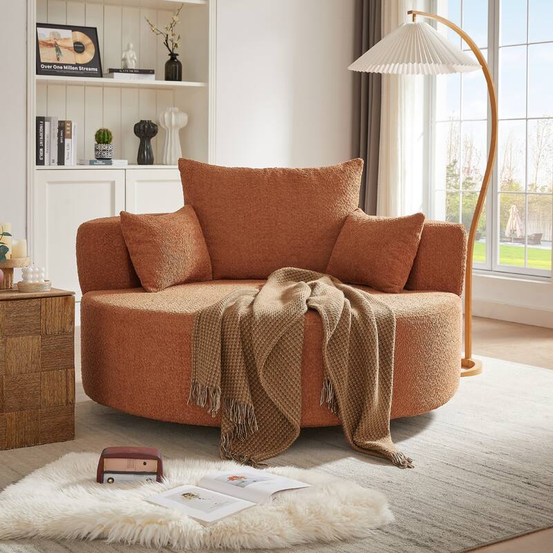 Chenille Accent Barrel Chair Lounge Chair, Round Sofa Chair Armchair with 360-Degree Swivel Base and 3 Removable Pillows