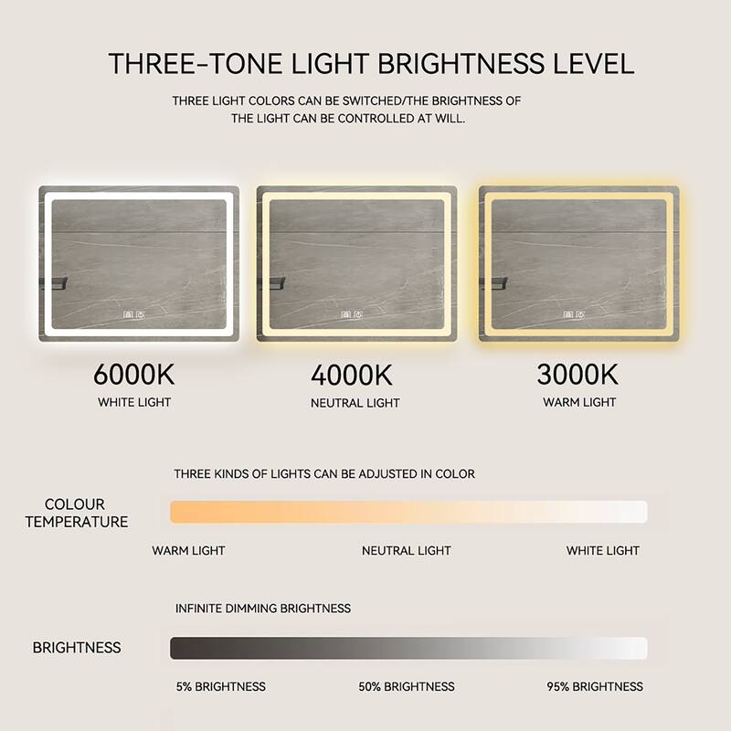 28/32/36/48/56 Inch Rectangular Frameless Anti-Fog Wall Mounted LED Bathroom Vanity Mirror