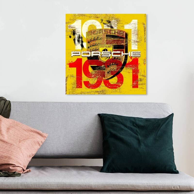 Hatcher and Ethan Prints 'Famous Race car' Transportation Yellow Wall Art Canvas Print - 12 x 12