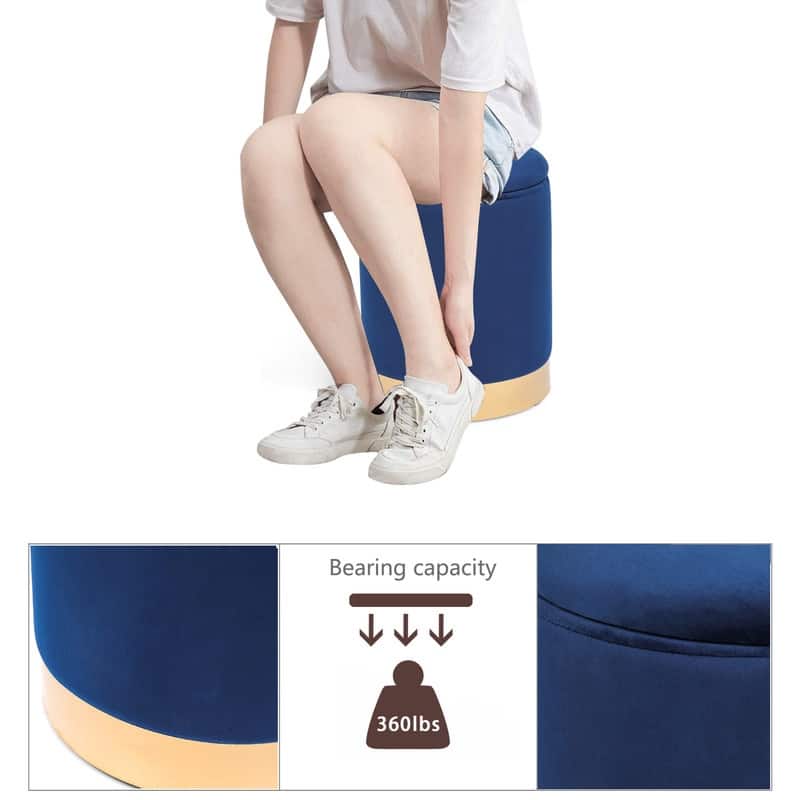 Adeco Round Storage Ottoman Footrest Stool Velvet Gold Plating Base