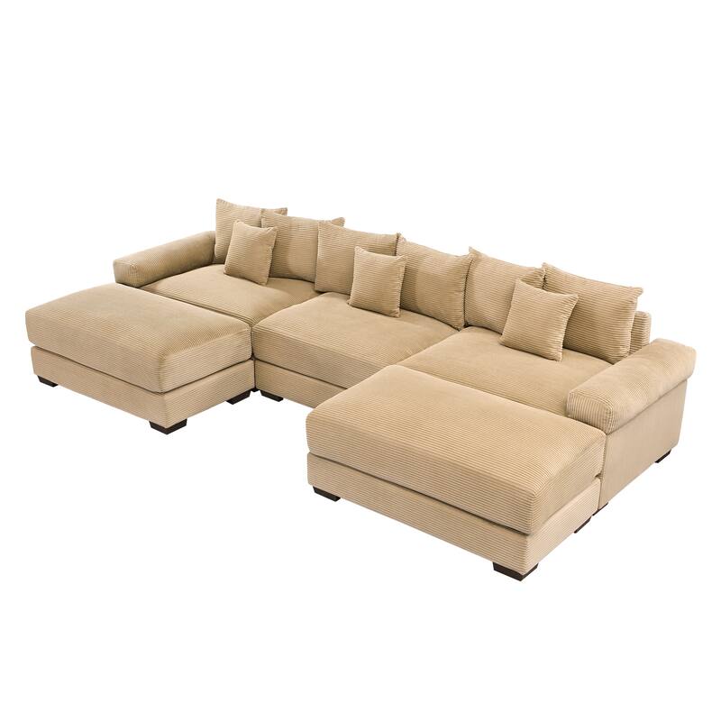 GDFStudio - Corduroy U-Shaped 3-Seater 130" Cloud Modular Sectional Couch with 2 Ottomans