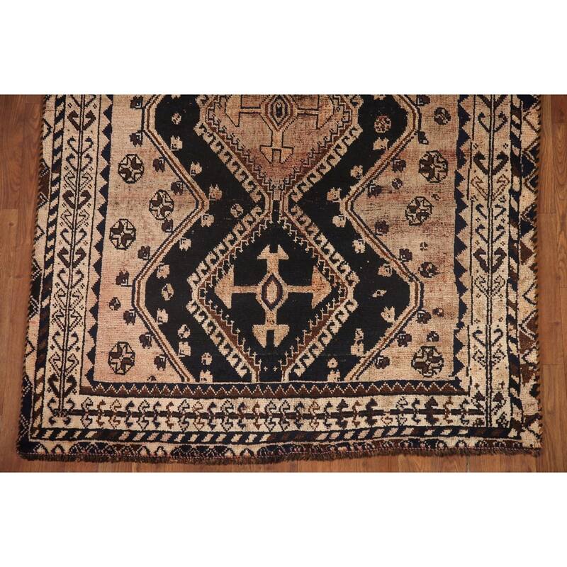 Hand Knotted Oriental 100% Wool Carpet Traditional Tribal Black Qashqai Area Rug - 7' 8'' X 4' 4''