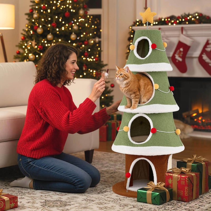 Costway 61”Large Christmas Cat Tree with 4 Condos, Sisal Carpet, - as pic shows - See Details