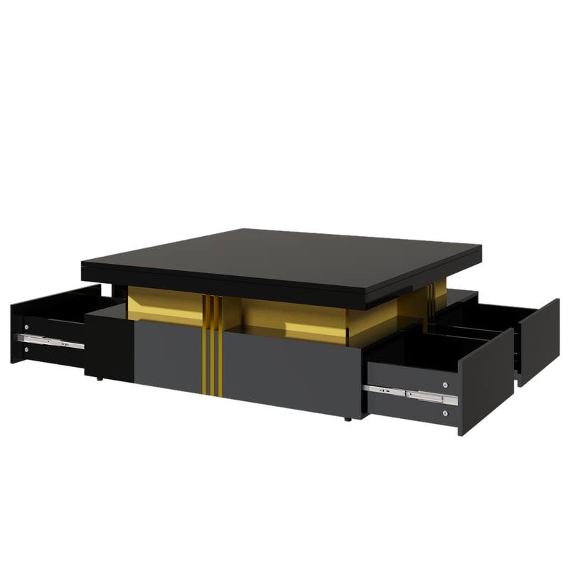 43.3" Modern Square Coffee Table with 4 Hidden Drawers, Glossy Living Room Table with Gold Accents, Space-Saving Storage Table