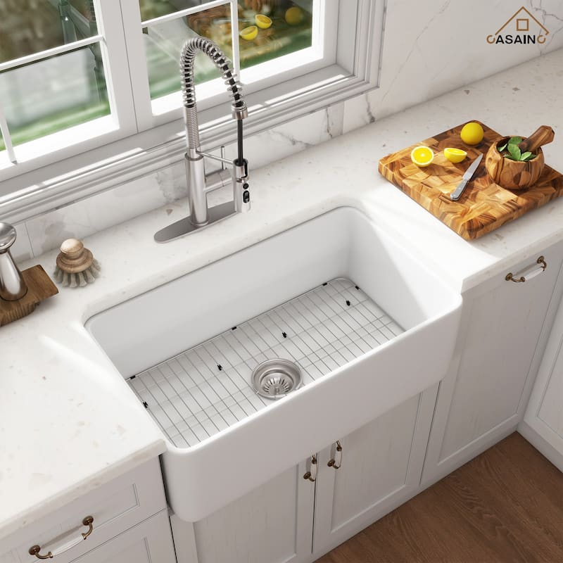 Farmhouse/Apron-Front Single Bowl Fireclay Kitchen Sink with 3-Function Pull-Down Kitchen Faucet, Grid, and Basket Strainer