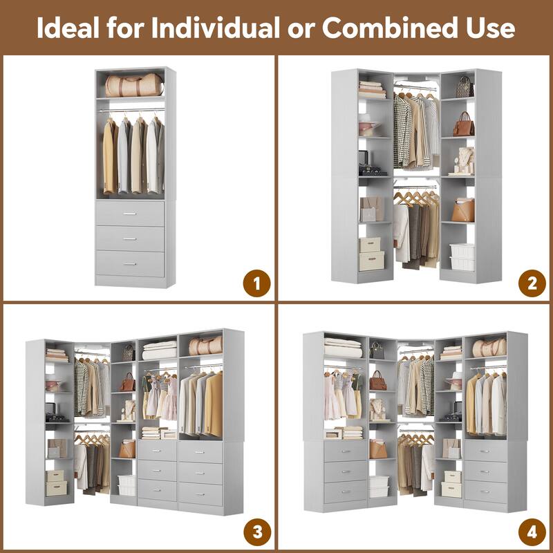Corner Closet System with 6 Drawers & 4 Hanging Rods,Set of 3,Reversible Walk-in Closet Organizer System with Adjustable Shelves