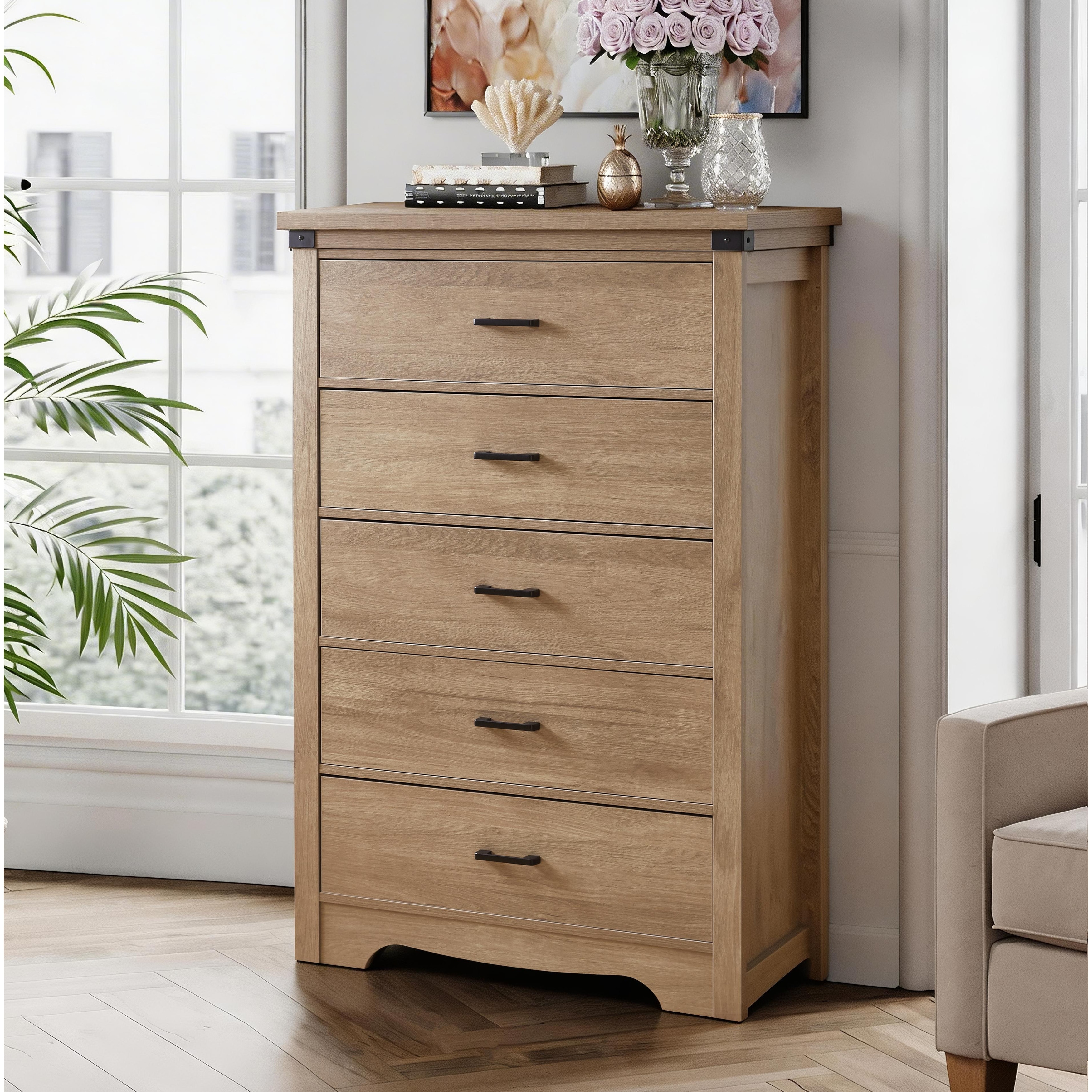 Farmhouse 5 Drawer Dresser for Bedroom, 31.4" Tall Dressers & Chest of Drawers, Rustic Wood Dresser with Metal Handle