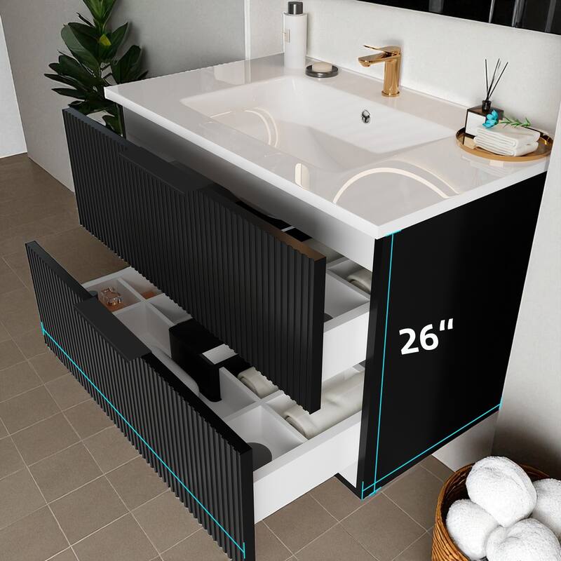 30 Inch Floating Bathroom Vanity with Ceramic Sink, Wall Mounted Fluted Cabinet with Drawers, Modern MDF Design