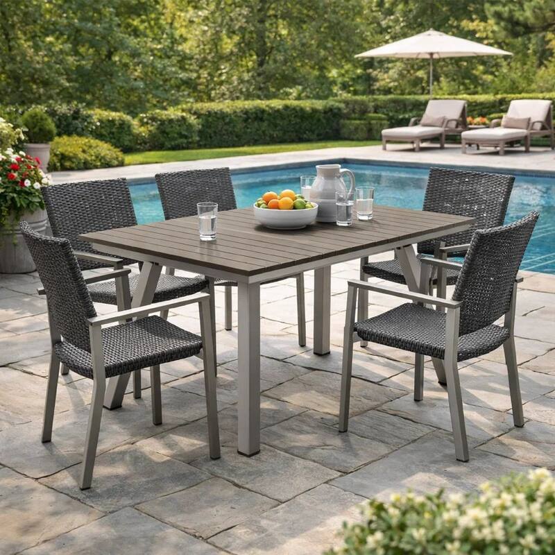 Zia 59 Inch Outdoor Table, Polyresin Plank Top, Smooth Gray Aluminum Frame