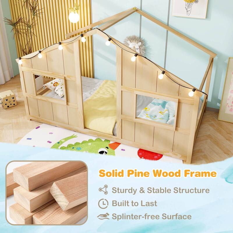 Costway Twin Size House Floor Bed with LED Lights Solid Wood Bed Frame