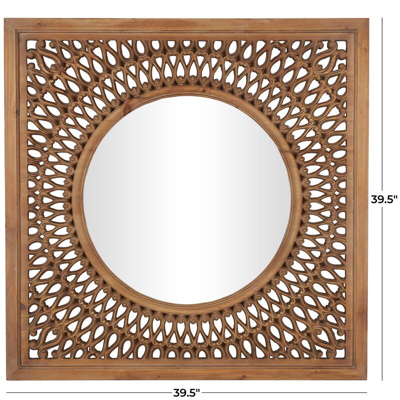Brown Wood Room Wall Mirror with Carved Scroll Pattern
