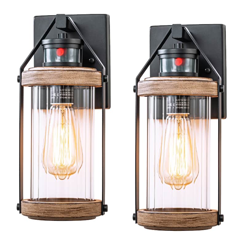 C Cattleya 2-Pack Black and Woodgrain Motion Sensor Dusk to Dawn Outdoor Wall Sconces Light
