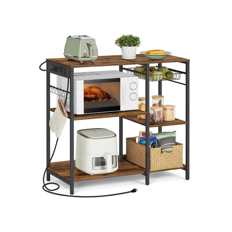 Steel Bakers Rack with Outlet Shelves and Basket with Charging Station - 15.7”D x 35.4”W x 35.6”H - Rustic Brown, Ink Black