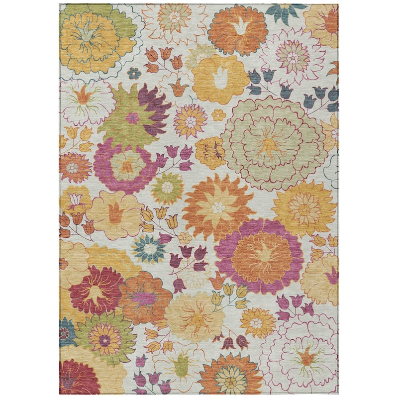 Machine Washable Indoor/ Outdoor Modern Floral Chantille Rug