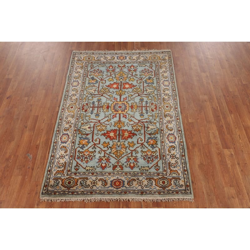 Blue Oushak Oriental Foyer Rug Hand-Knotted Wool Carpet - 4'0"x 6'0"