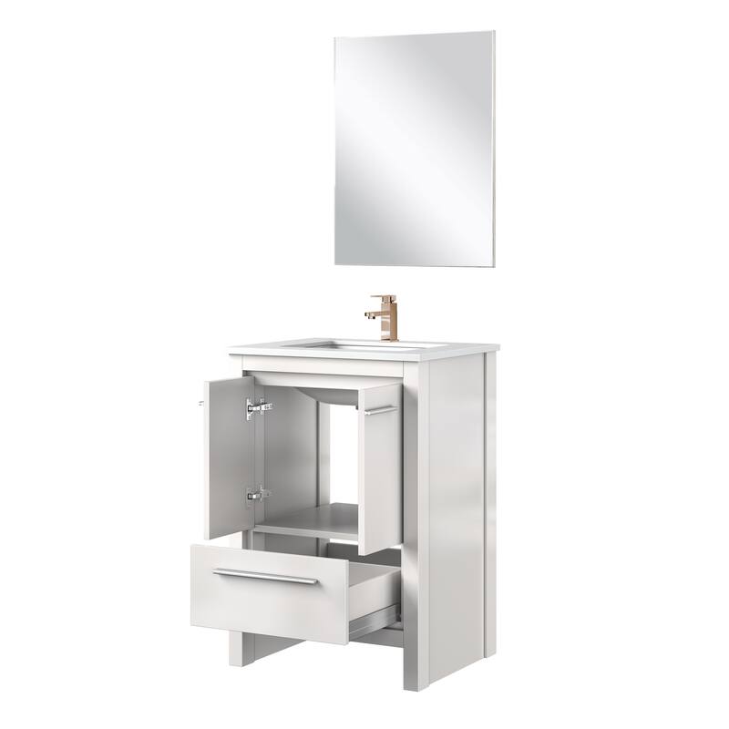Lafarre Bath Vanity with Cultured Marble Top, Sink, Mirror and Rose Gold Faucet