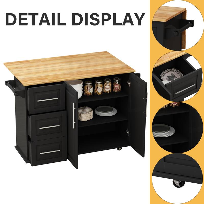 Rolling Kitchen Island Cart with Expandable Solid Wood Top, 2 Door Cabinet, 3 Drawers, Spice & Towel Rack for Kitchen Storage
