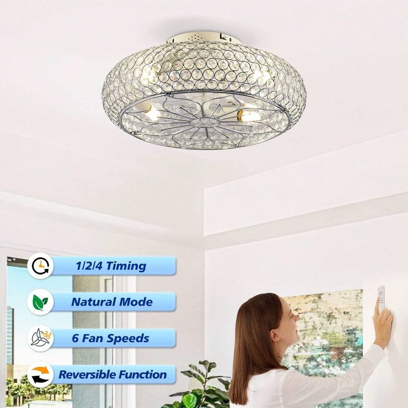 20'' Modern Flush Mount Crystal Ceiling Fans with Remote, 6 Speeds DC Motor Reversible Chandelier Ceiling Fan For Bedroom
