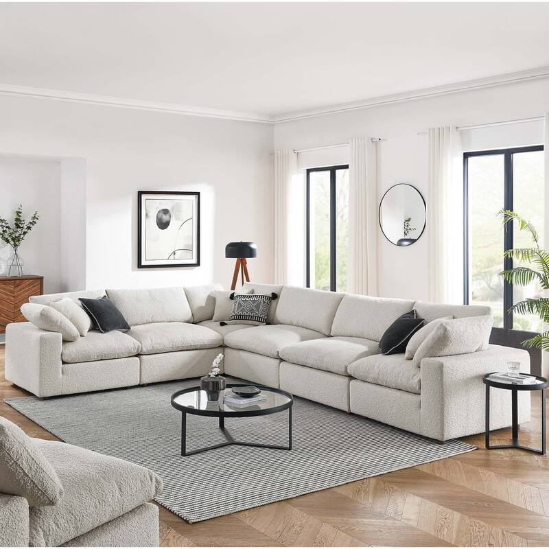 Commix Down Filled Overstuffed Boucle Fabric 6-Piece Sectional Sofa - Ivory