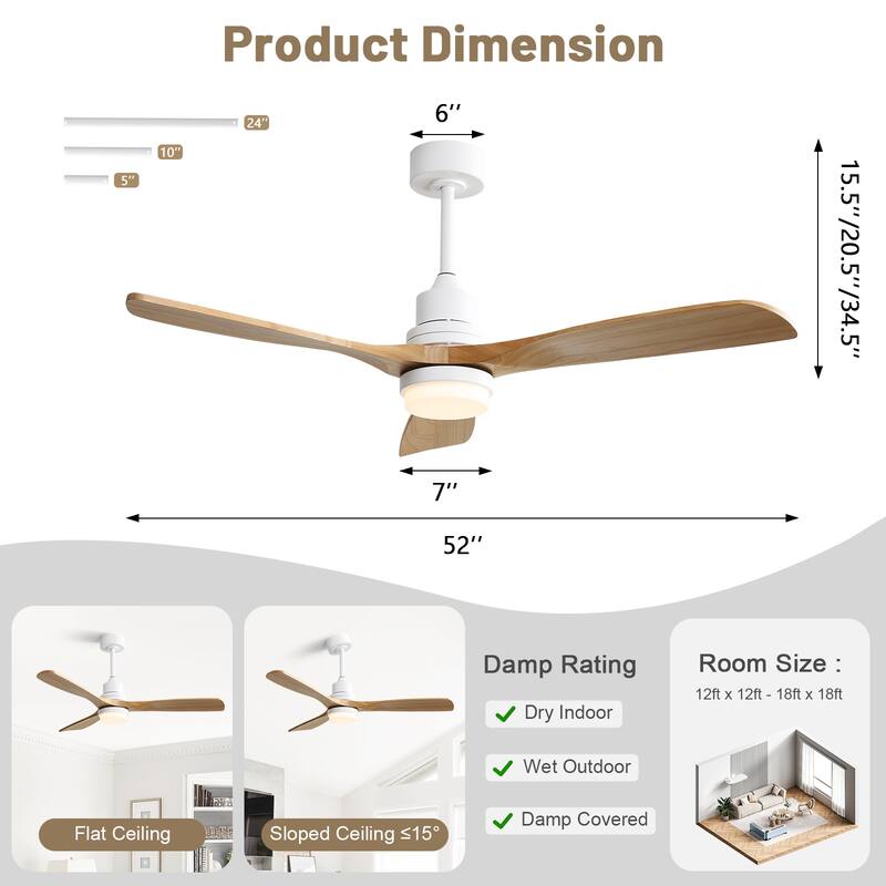 Sofucor 52 Inch Ceiling Fan with Light and Remote,Smart Optional,Quiet DC Motor for Bedroom Living Room Farmhouse Patio Porch