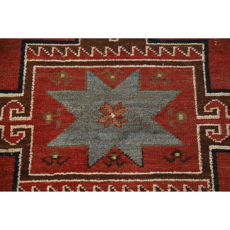 Hand Knotted Oriental 100% Wool Carpet Traditional Tribal Red Kazak Runner Rug - 13' 3'' X 3' 10''