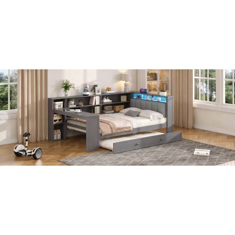 Roomfitters Twin/Full Platform Bed with Trundle, LED Headboard, Charging Station and Storage