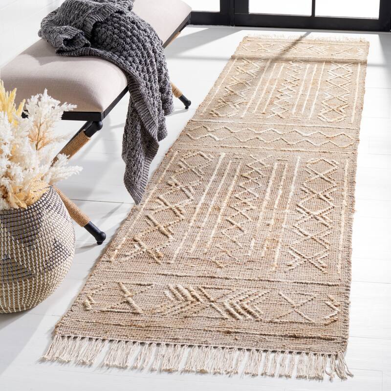 SAFAVIEH Handmade Natural Fiber Tellervo Boho Jute Fringe Rug - 2'3" x 9' Runner - Natural/Ivory