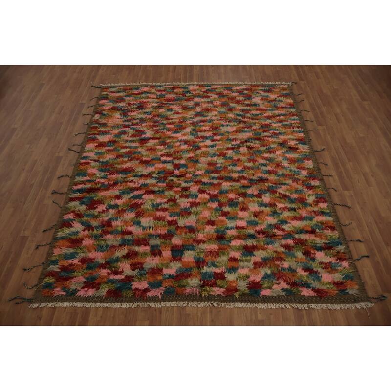 Hand Knotted Oriental 100% Wool Carpet Tribal Checkered Multi-Colored Moroccan Area Rug - 9' 10'' X 8' 1''