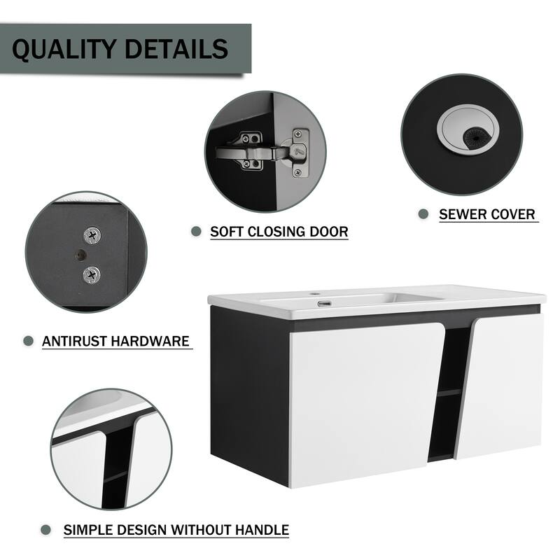 Wall-Mounted Bathroom Vanity with Soft-Close Doors, Ceramic Sink, Eco-Friendly Plywood Cabinet, Ample Storage - 39.6in L Plywood