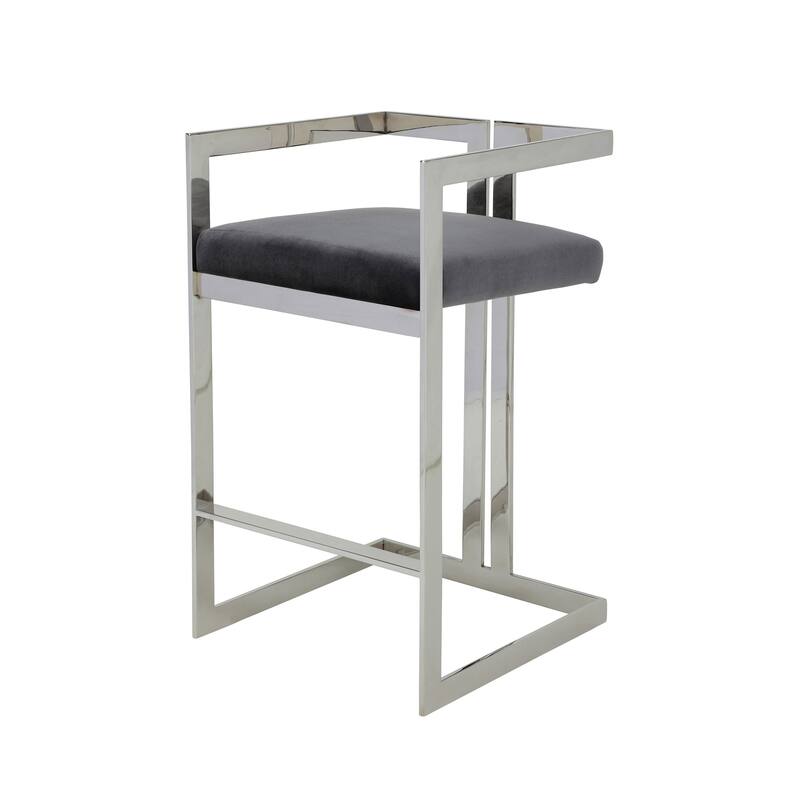 Suki 30 Inch Barstool Chair, Gray Velvet Seat, Silver Stainless Steel