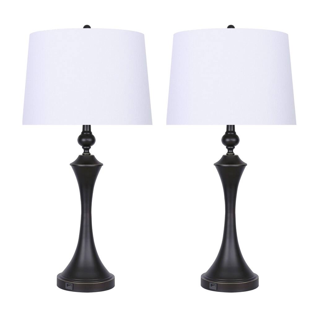 31" Metal Table Lamps w/ USB Port in Base and Linen Shades (Set of 2)