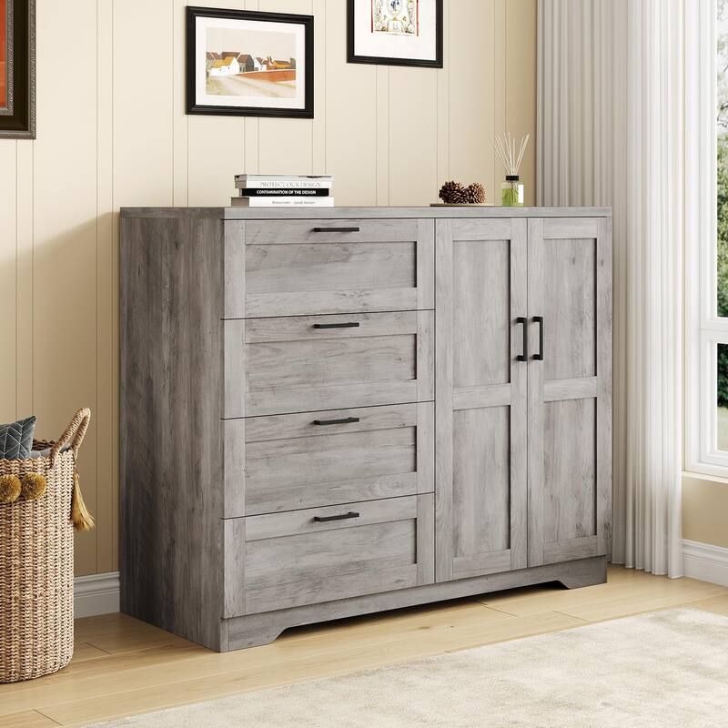 43.3" Armoire Wardrobe Closet with 4 Drawers & 2 Doors, Hanging Rod, Compact Wooden Storage Cabinet for Bedroom - Grey