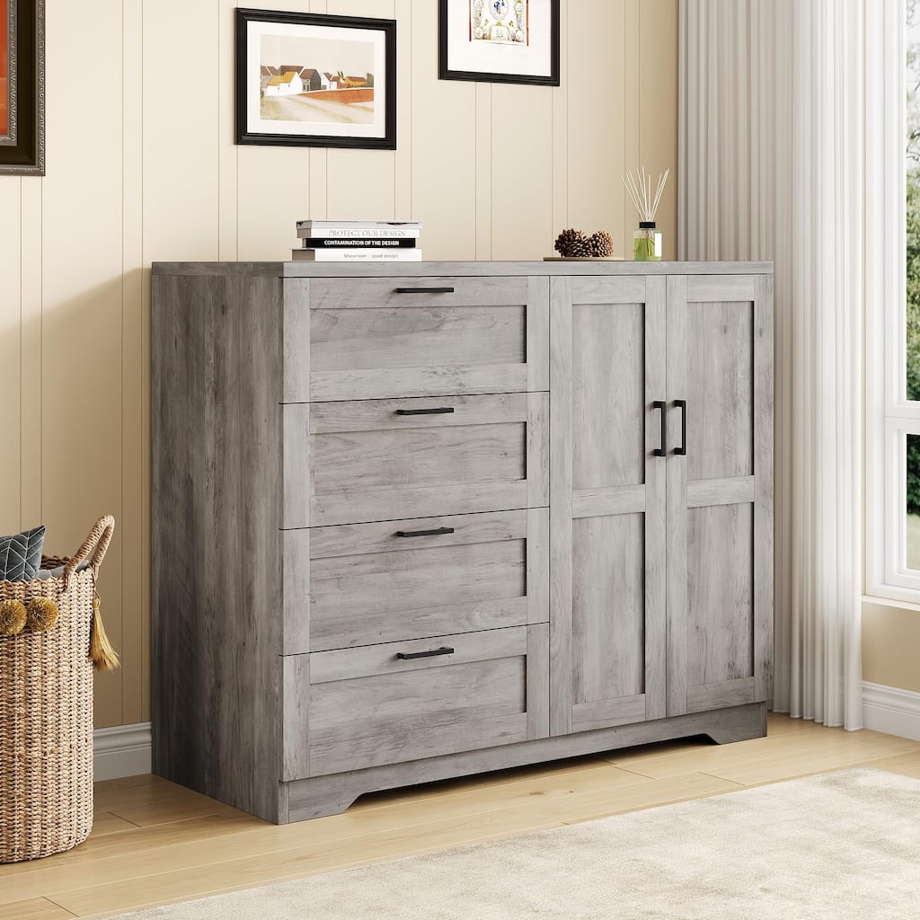 43.3" Armoire Wardrobe Closet with 4 Drawers & 2 Doors, Hanging Rod, Compact Wooden Storage Cabinet for Bedroom