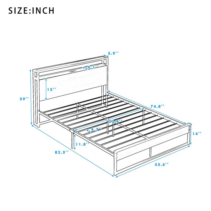 Black Full Size Metal Platform Bed Frame with Sockets, USB Ports and