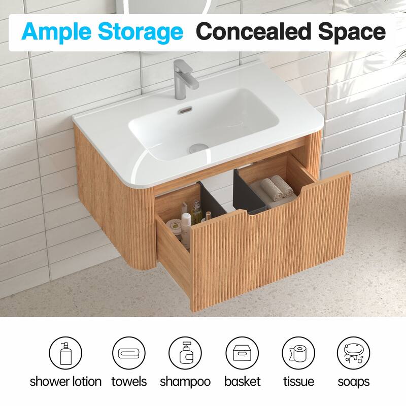 GDF Studio - Verona Floating Bathroom Vanity with Curved Edge Storage & Ceramic Basin without Faucet