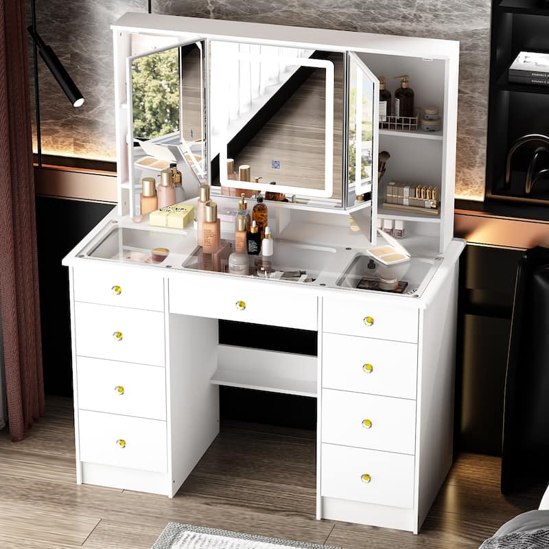 Extra Large Mirror Makeup Vanity Table with LED light,9 Drawers,White - 53.9"H