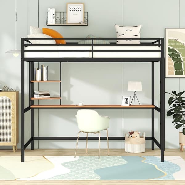slide 2 of 20, Full Metal Loft Bed with Desk and Two Shelves Black