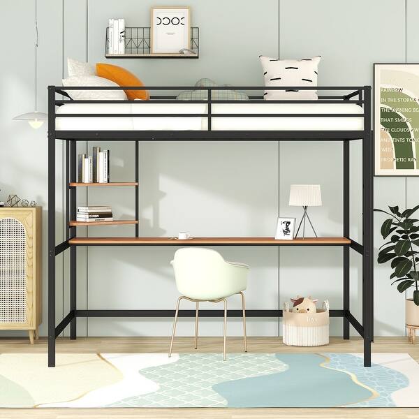 slide 2 of 20, Useful Design Metal Loft Bed With Two Shelves and Built-in Dsek, Efficient space, Full Size Black