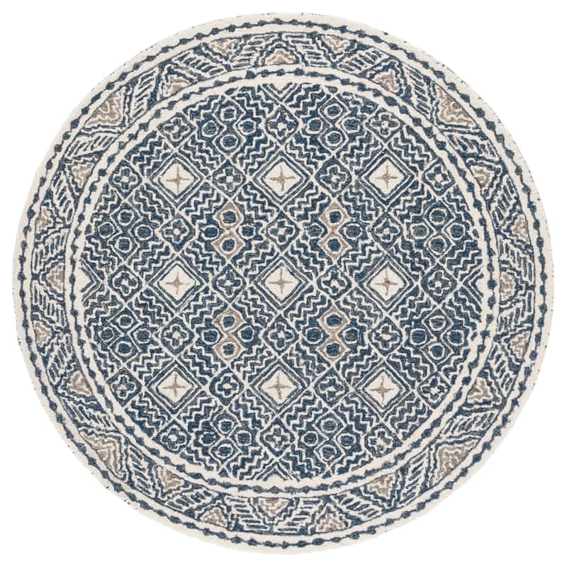 SAFAVIEH Handmade Micro-Loop Jelske Wool Rug - 5' Round - Navy/Ivory - Round
