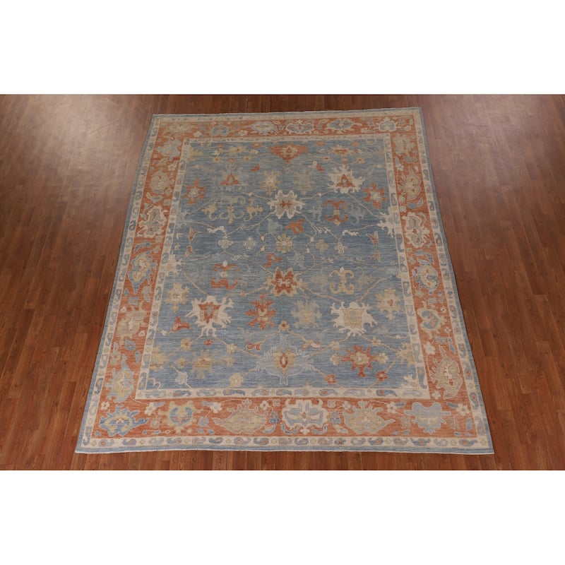 Floral Oushak Vegetable Dye Area Rug Handmade Blue Wool Carpet - 8'0" x 9'11"
