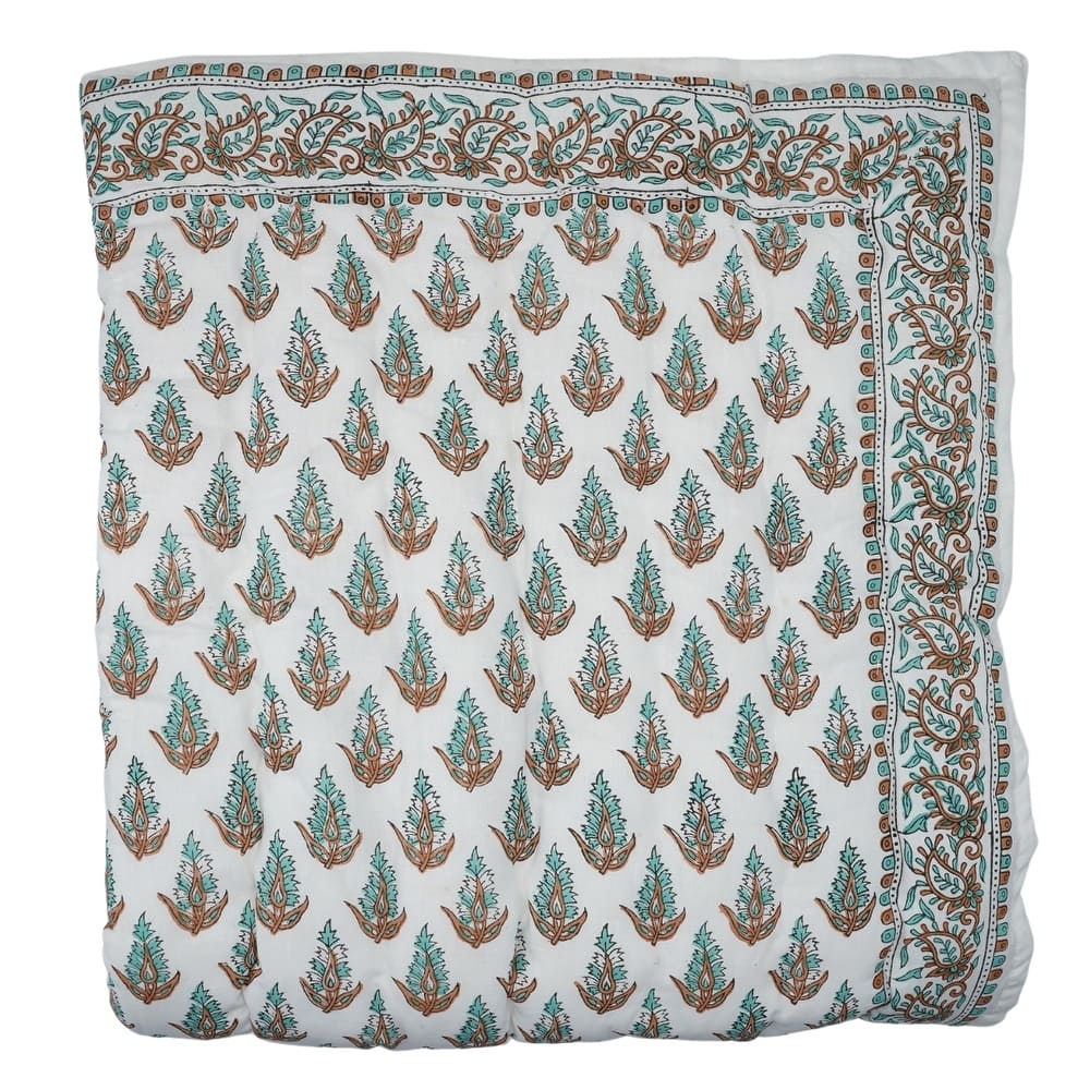 Fabdivine Vintage Hand Block Print Cotton Quilt - Boho Bedroom Décor, Kanak Buti Green Light Blue, Handmade Reversible Bedspread