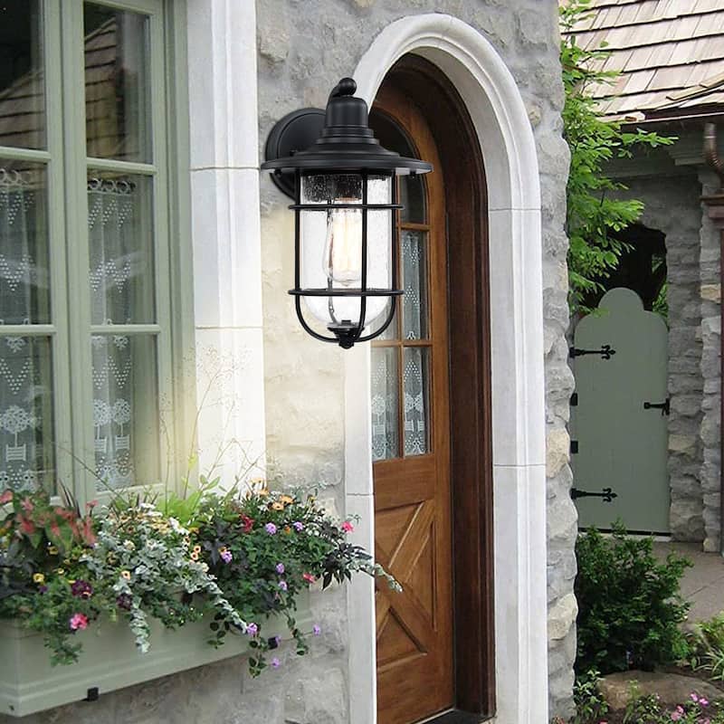 1-Light Black Outdoor Wall Lantern Sconce with Seeded Glass Shade