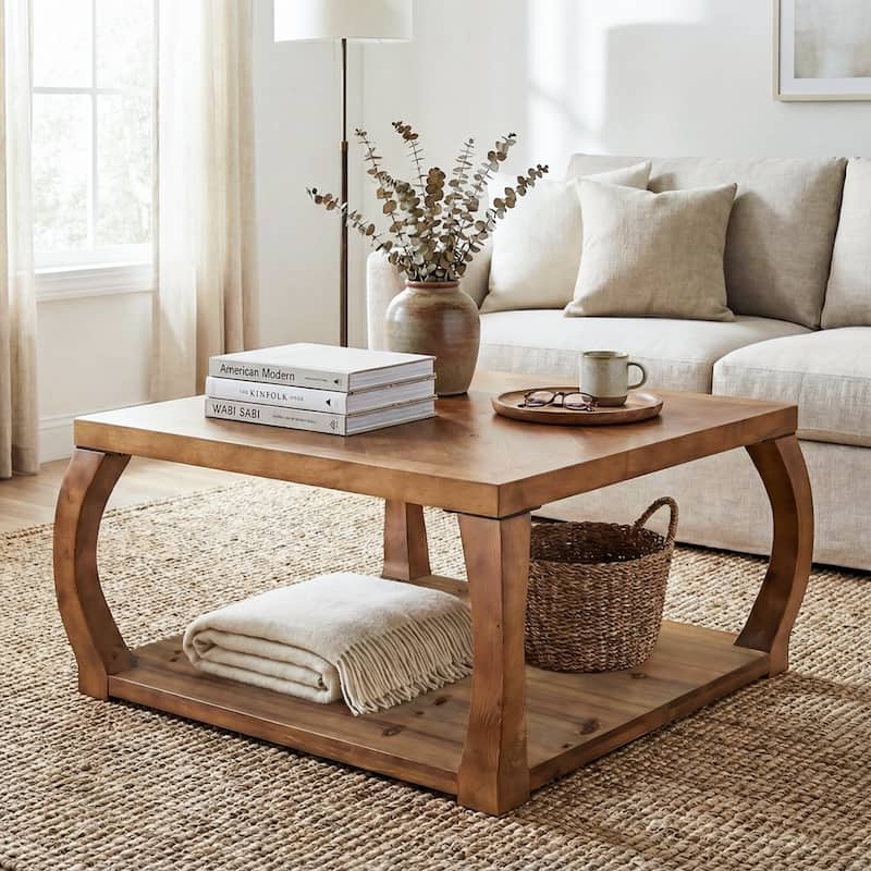 31" Square Solid Wood Coffee Table with Storage - Brown
